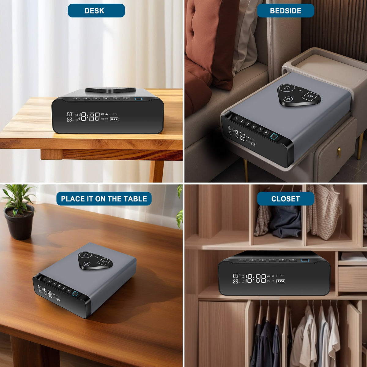 VAULTO™ NightGuard Pro™ — Biometric Fingerprint Gun Safe | 3-in-1 Wireless Charging | Clock + Alarm | Humidity Monitor