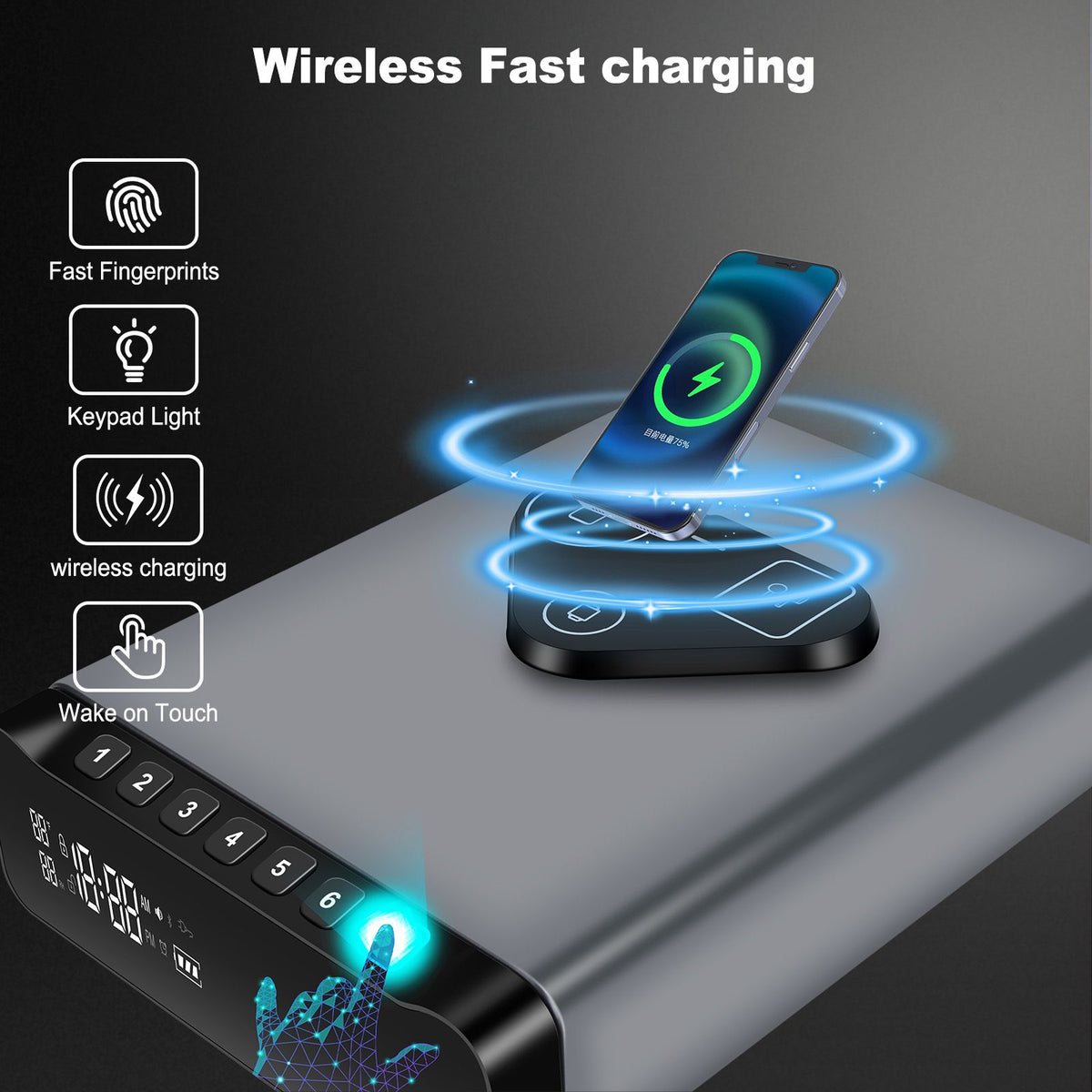 VAULTO™ NightGuard Pro™ — Biometric Fingerprint Gun Safe | 3-in-1 Wireless Charging | Clock + Alarm | Humidity Monitor