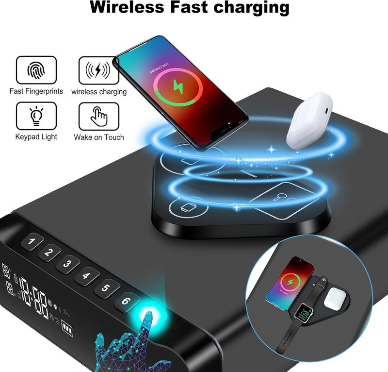 VAULTO™ NightGuard Pro™ — Biometric Fingerprint Gun Safe | 3-in-1 Wireless Charging | Clock + Alarm | Humidity Monitor